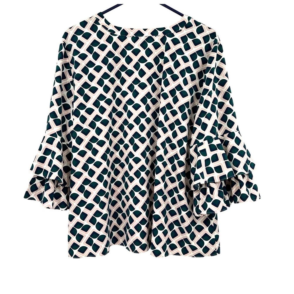 Ann Taylor Women's Geometric Print V Neck Ruffle Bell Sleeve Blouse XL‎ - Picture 2 of 6